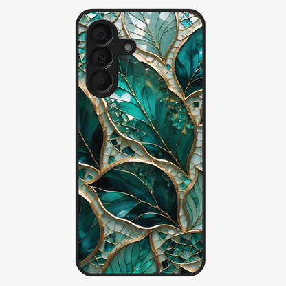 Emerald Leaf Glass Glass Case showing flat back view with emerald green leaf artwork and glossy glass finish.
