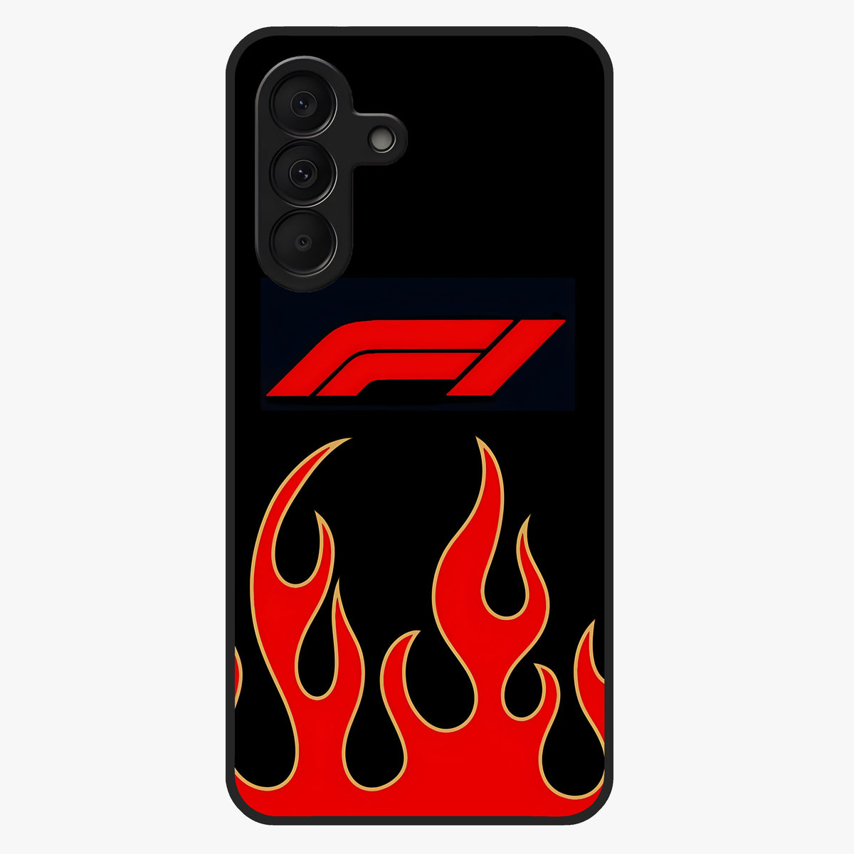 Fire F11 Glass Case showing flat back view with fiery themed artwork and glossy glass finish.