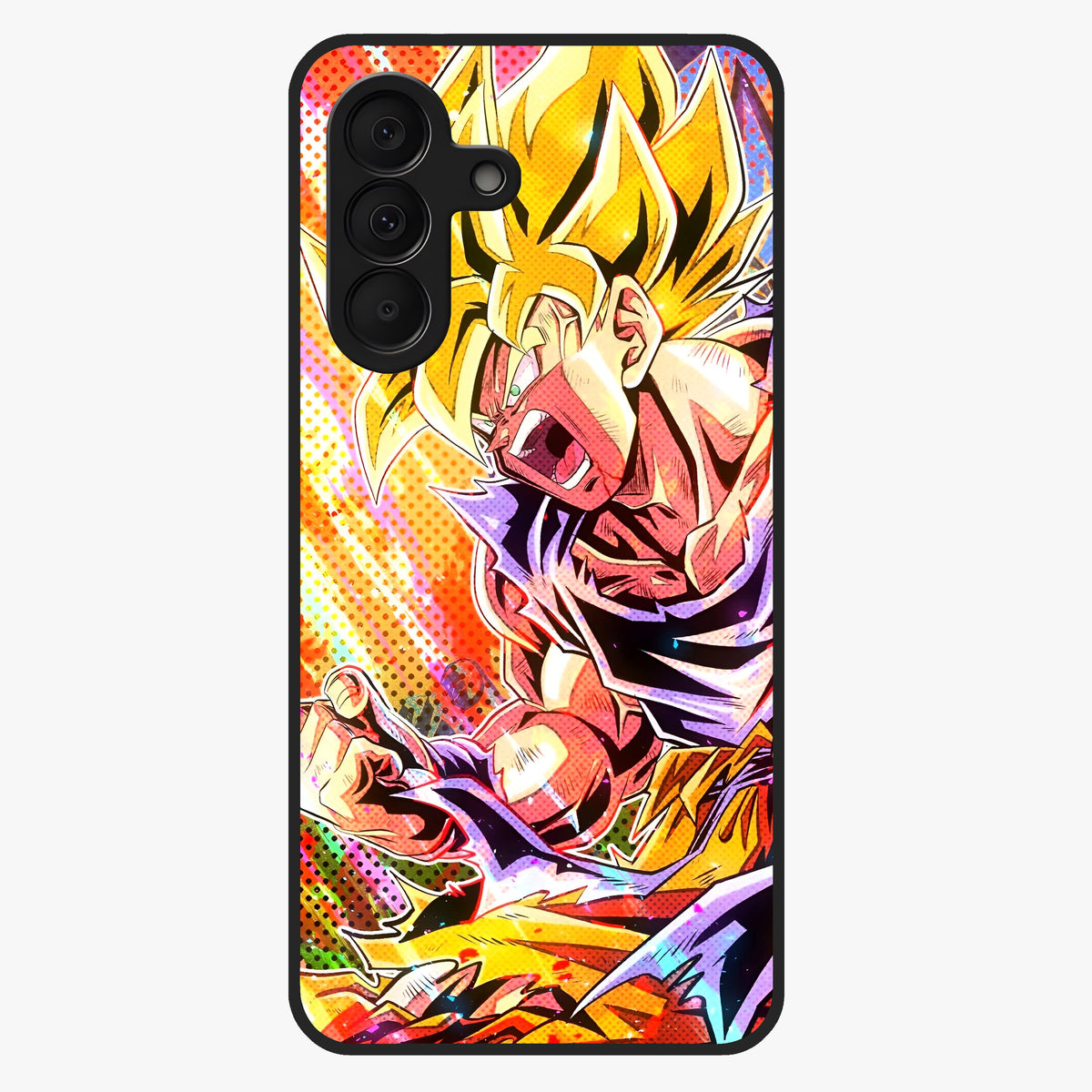 Firing Goku Glass Case showing flat back view with powerful anime inspired artwork and glossy glass finish.