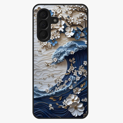 Floral Wave Origami Glass Case showing flat back view with origami inspired floral wave artwork and glossy glass finish.