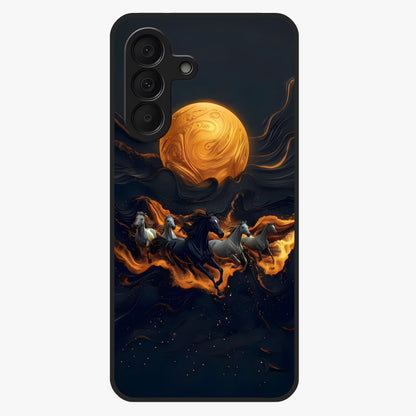 Golden Stallion Moonride Glass Case showing flat back view with majestic horse under moonlight artwork and glossy glass finish.