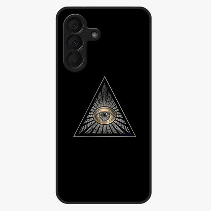Illuminati Evil Glass Case showing flat back view with mysterious illuminati symbol artwork and glossy glass finish.