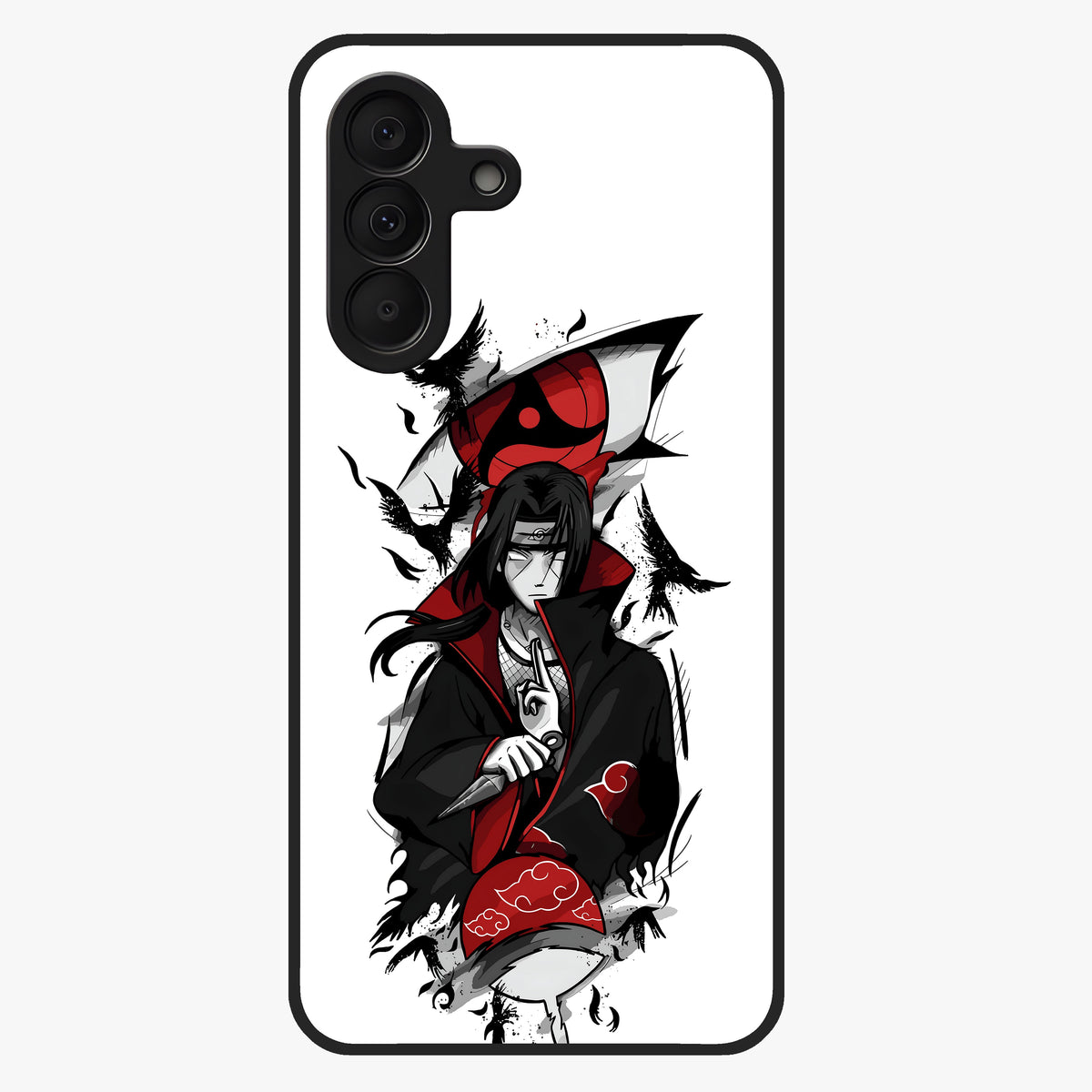 Itachi Sharingan Glass Case showing flat back view with powerful anime eye artwork and glossy glass finish.