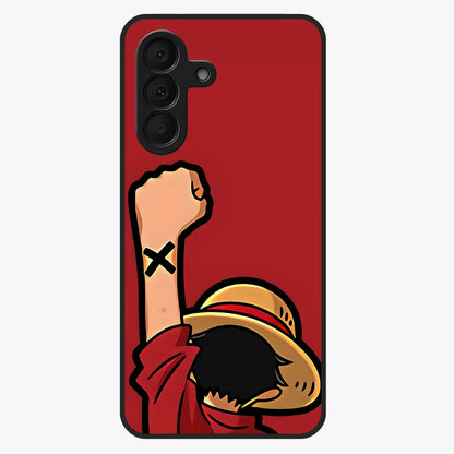 Luffy X Spirit Glass Case showing flat back view with bold anime character artwork and glossy glass finish.