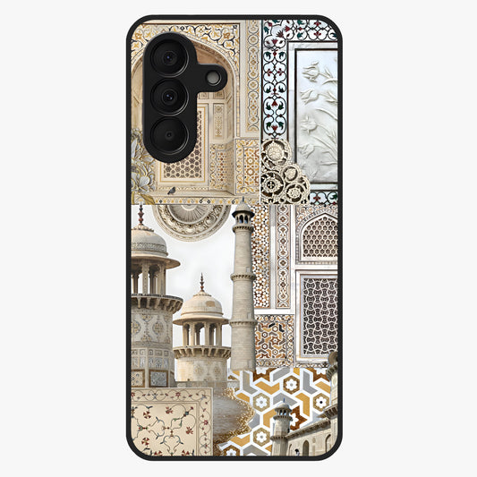 Mughal Marble Legacy Glass Case showing flat back view with intricate Mughal inspired marble pattern and glossy glass finish.