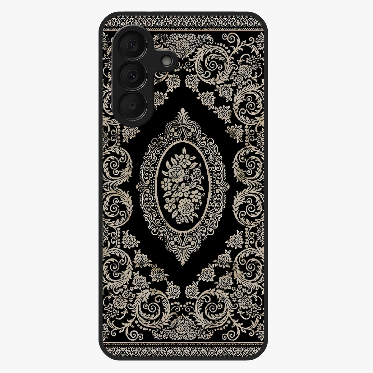 Noir Bloom Elegance Glass Case showing flat back view with elegant dark floral artwork and glossy glass finish.