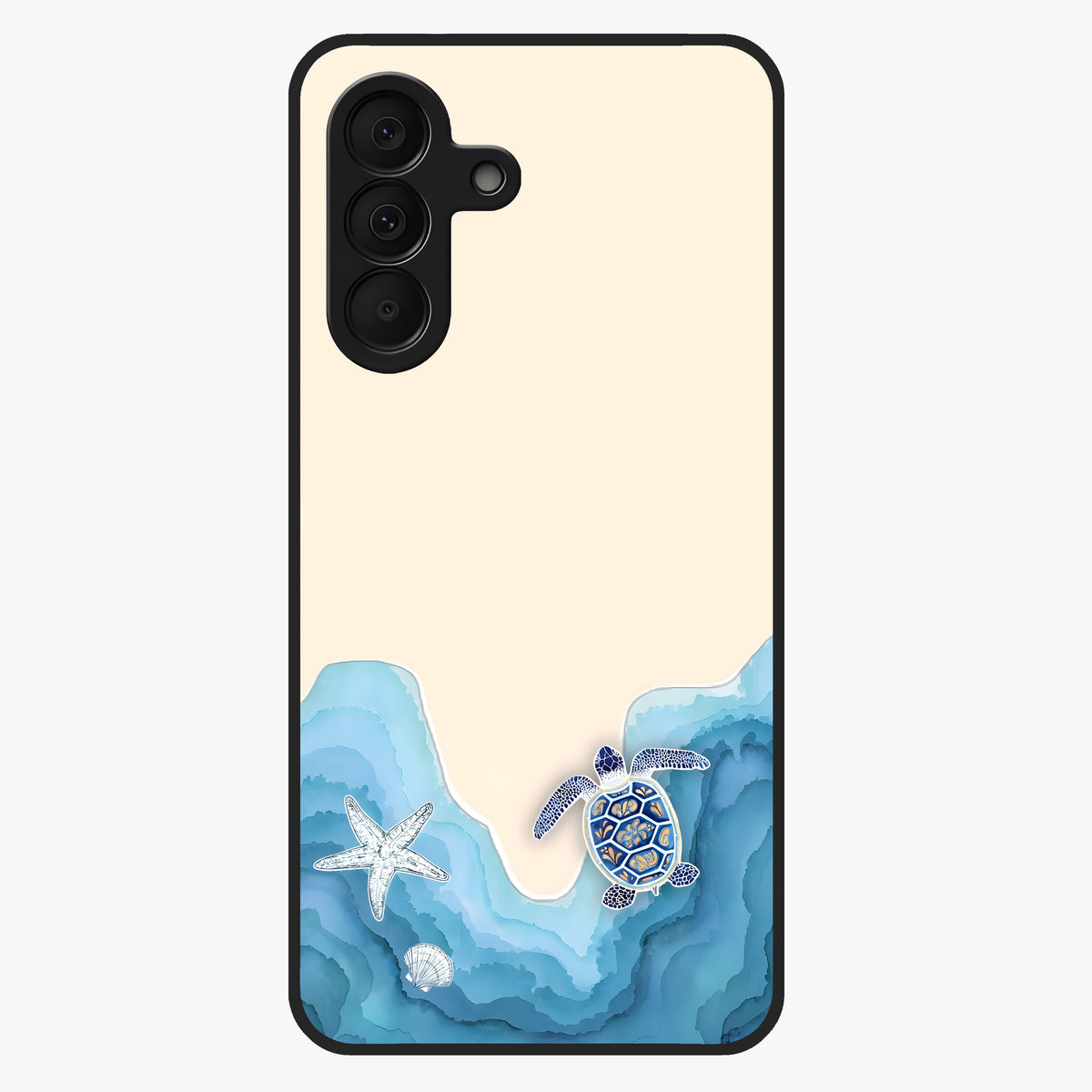 Ocean Drift Turtle Glass Case showing flat back view with sea turtle artwork and glossy glass finish.