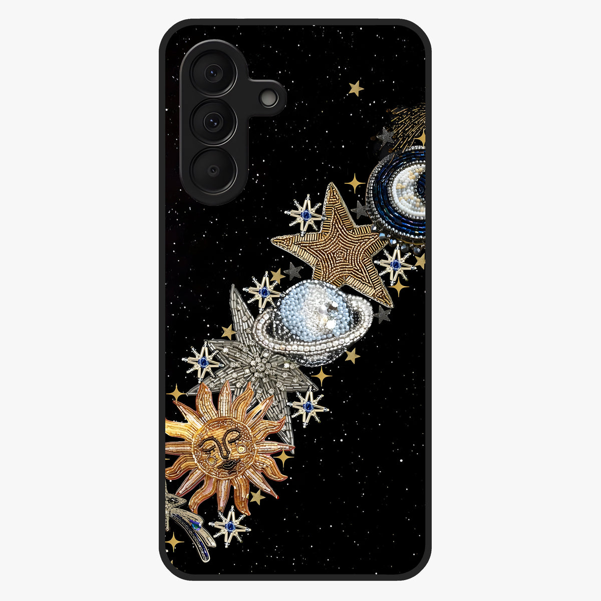 Pearls Universe Object Glass Case showing flat back view with pearl inspired cosmic artwork and glossy glass finish.