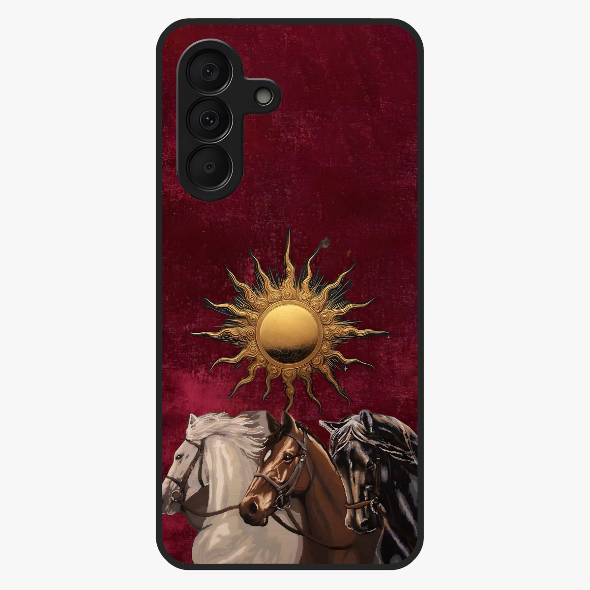 Solar Riders Glass Case showing flat back view with dynamic rider themed artwork and glossy glass finish.