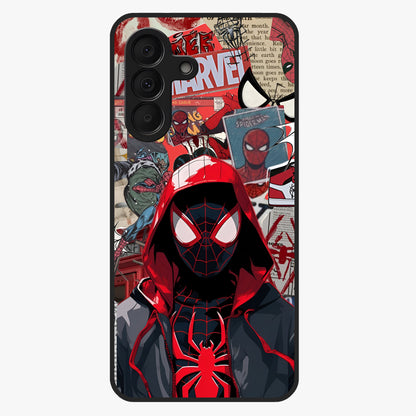 Spider Collage Street Glass Case showing flat back view with vibrant superhero collage artwork and glossy glass finish.