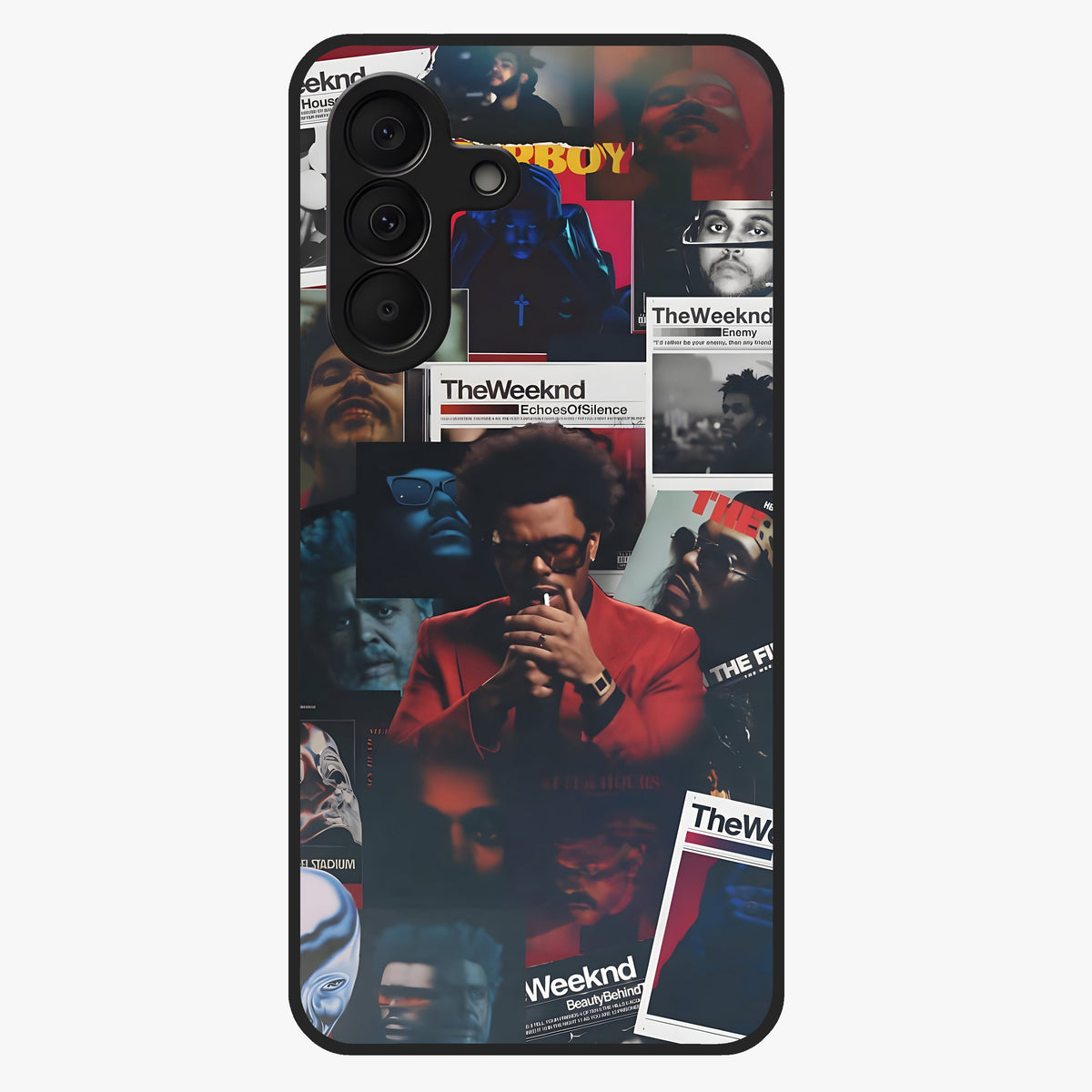 The Weeknd Glass Case showing flat back view with music inspired artistic portrait artwork and glossy glass finish.