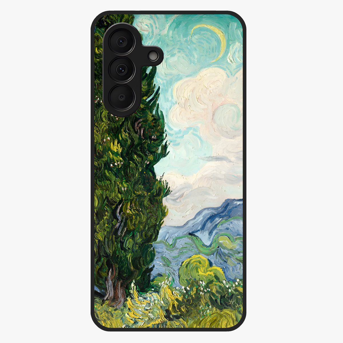 Van Gogh Vintage Art Glass Case showing flat back view with vintage painterly artwork inspired by Van Gogh style and glossy glass finish.