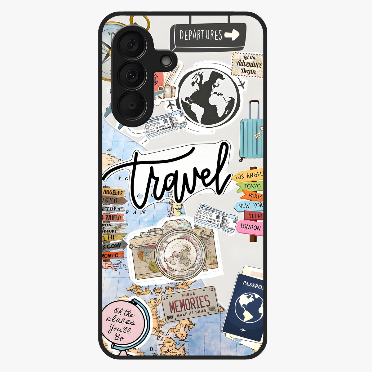 Wanderlust Journal Glass Case showing flat back view with travel inspired artwork and glossy glass finish.