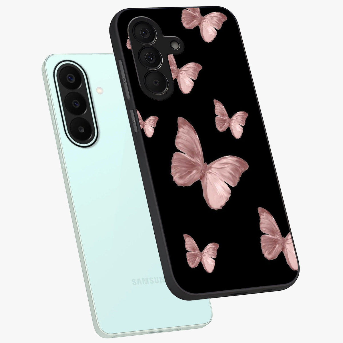 Butterfly Pattern Glass Case displayed in angled mockup highlighting delicate butterfly design and aesthetic pattern style.