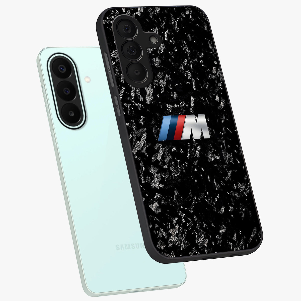 Carbon Speed Mark Glass Case displayed in angled mockup highlighting racing inspired carbon design and sleek aesthetic style.