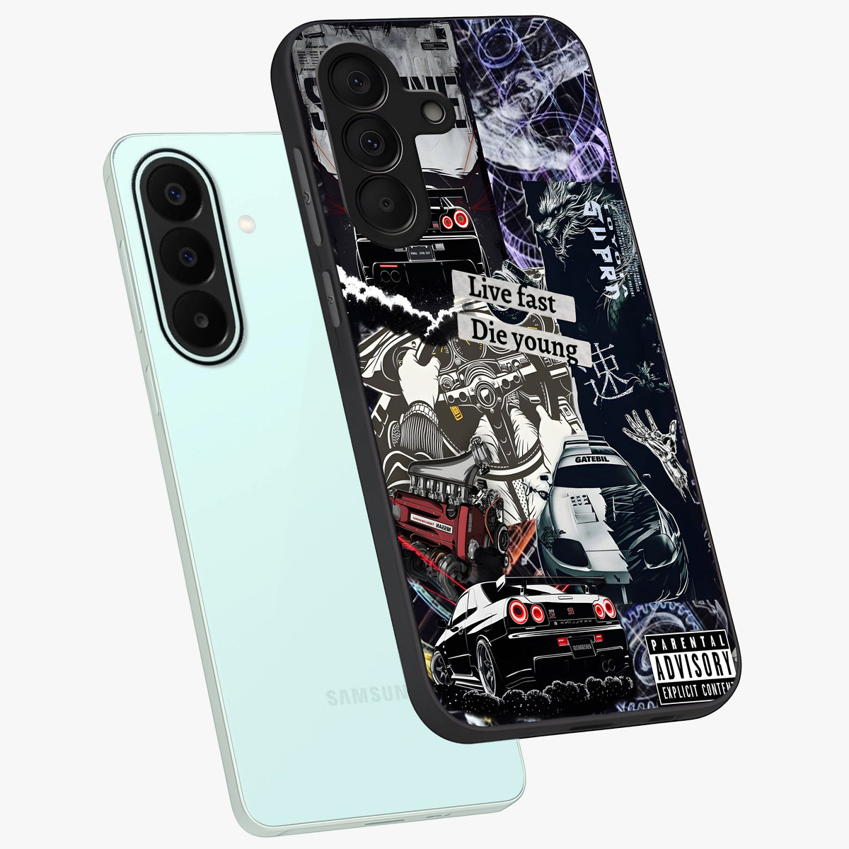 Die Young Glass Case displayed in angled mockup highlighting expressive graphic artwork with edgy aesthetic style.