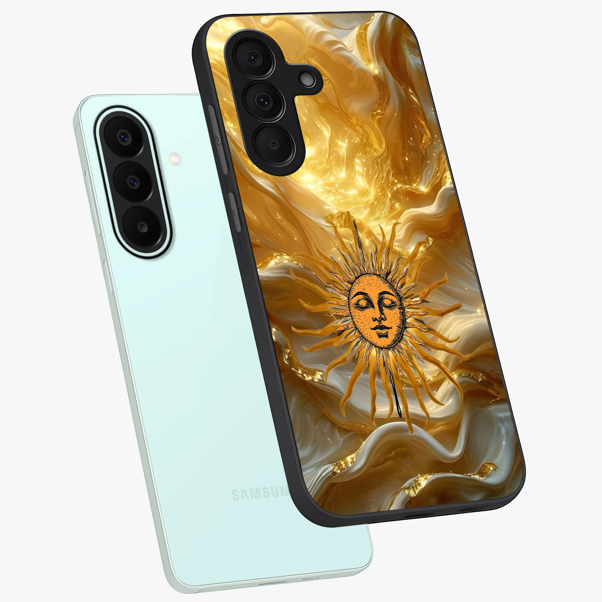 Eternal Golden Glow Glass Case displayed in angled mockup highlighting glowing golden aesthetic design with elegant style.