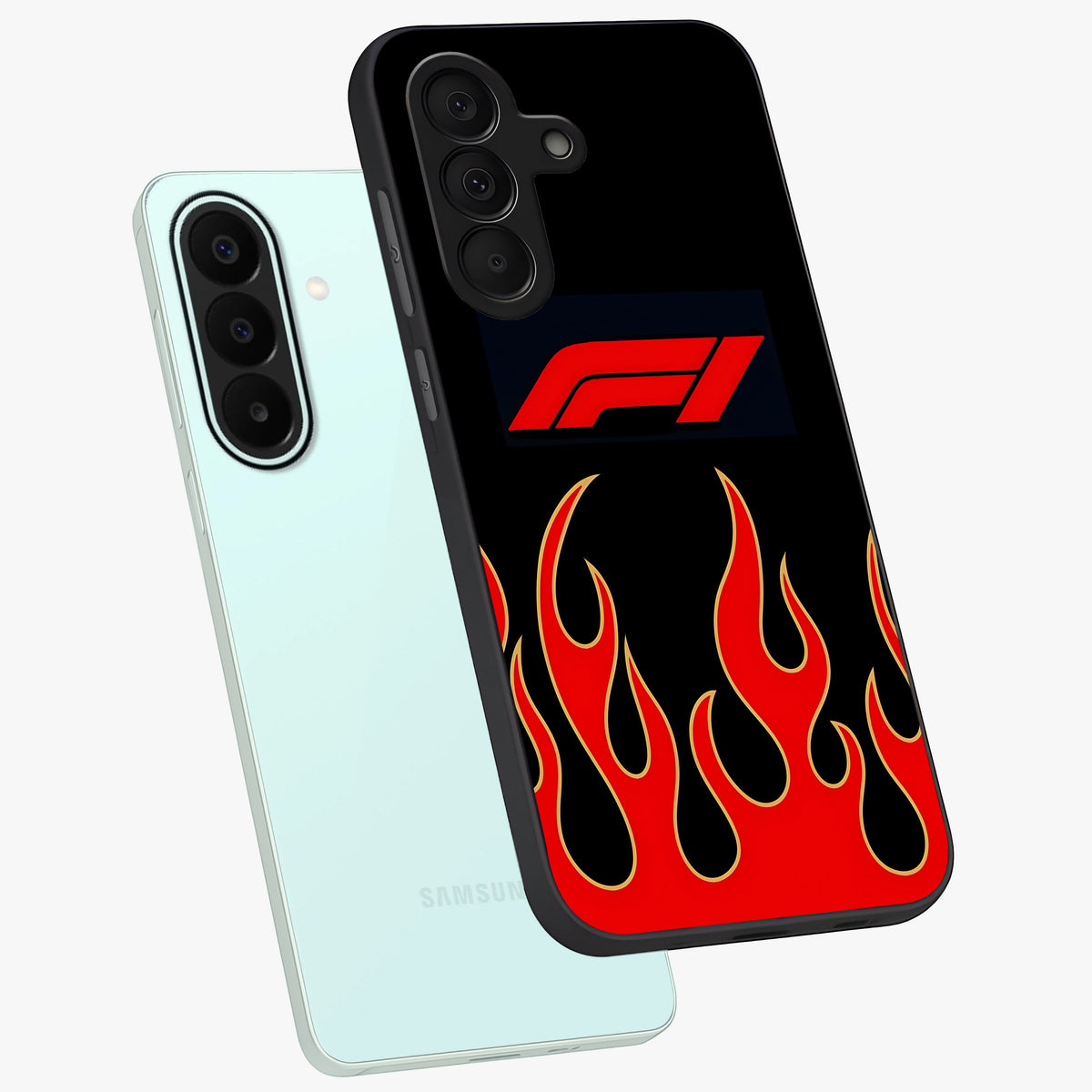 Fire F11 Glass Case displayed in angled mockup highlighting bold fire inspired graphic with energetic aesthetic style.