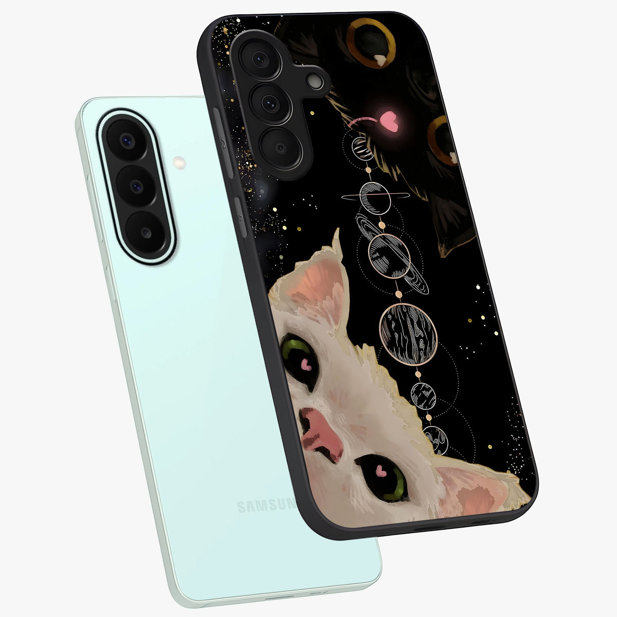 Galactic Cat Glass Case displayed in angled mockup highlighting celestial feline illustration with galaxy aesthetic style.