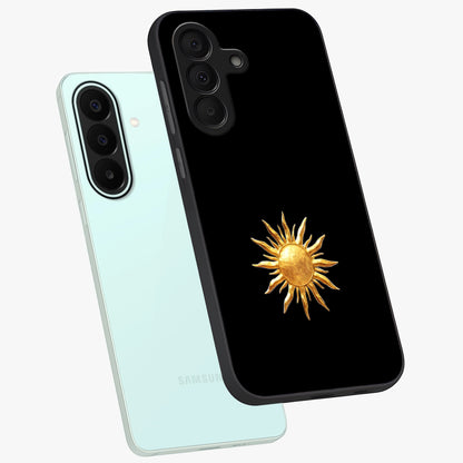 Golden Sun Minimalism Glass Case displayed in angled mockup highlighting eerie shadow illustration with gothic aesthetic.