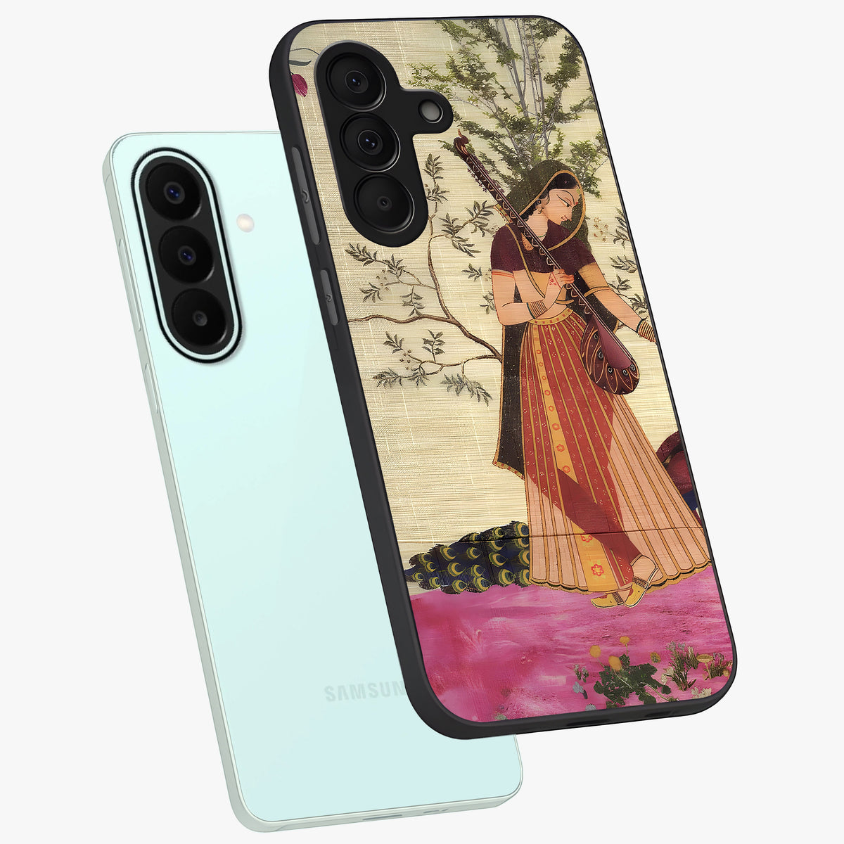 Lady With Veena Art Glass Case displayed in angled mockup highlighting graceful musical illustration with cultural artistic aesthetic.