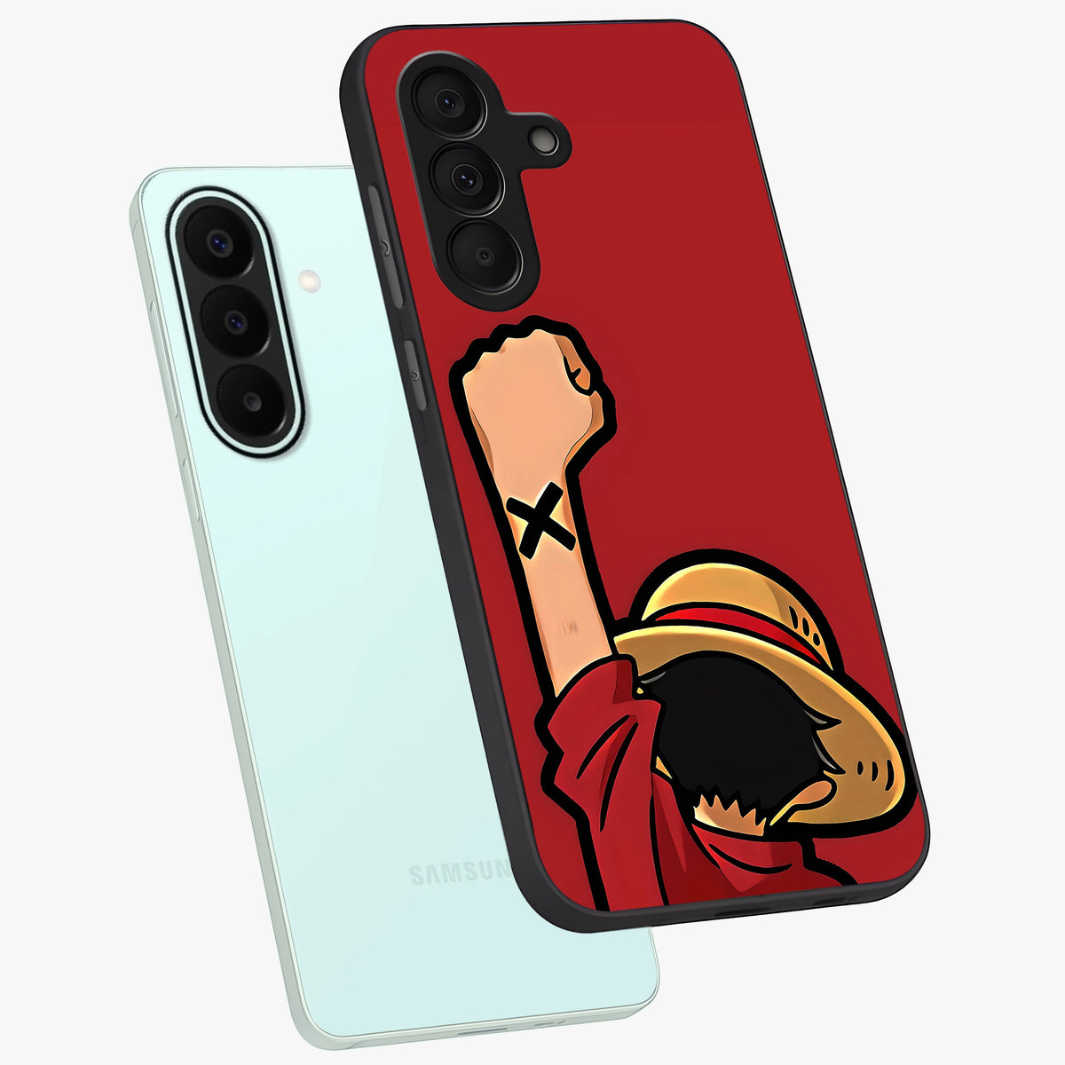 Luffy X Spirit Glass Case displayed in angled mockup highlighting powerful anime design with energetic action aesthetic.