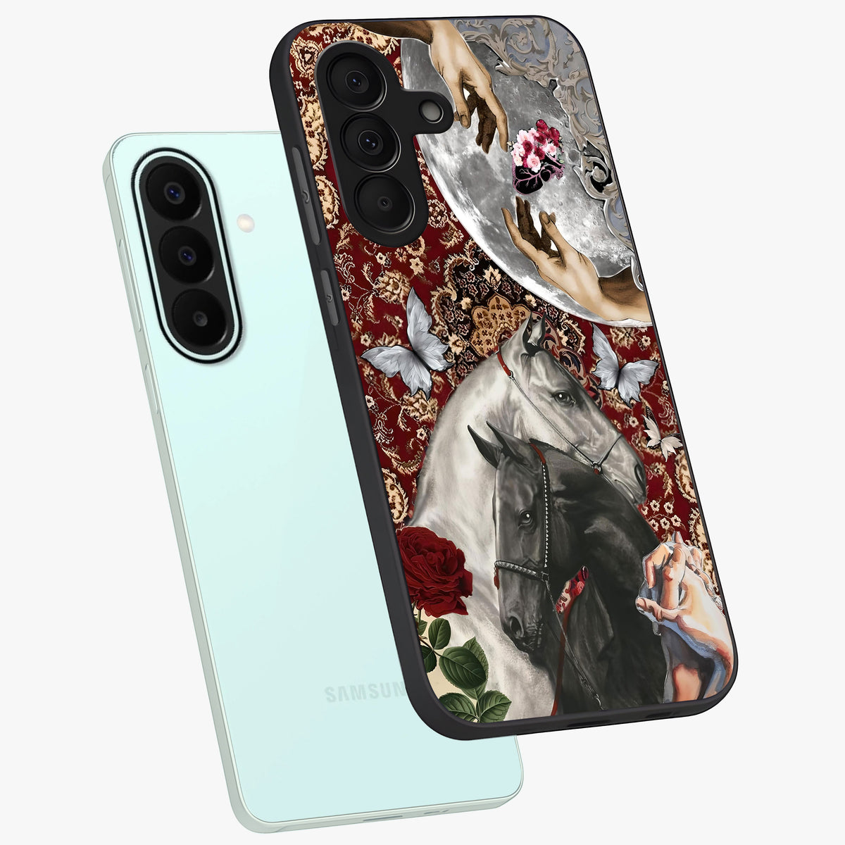 Moonlit Royal Stallion Glass Case displayed in angled mockup highlighting powerful stallion illustration with royal night aesthetic.