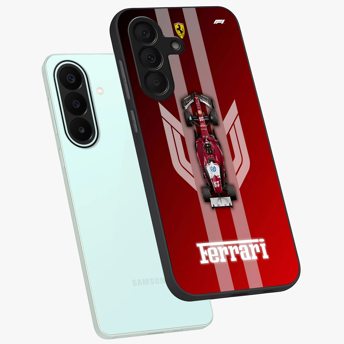 Red Ferrari F1 Vertical Glass Case displayed in angled mockup highlighting high speed racing design with bold automotive aesthetic.