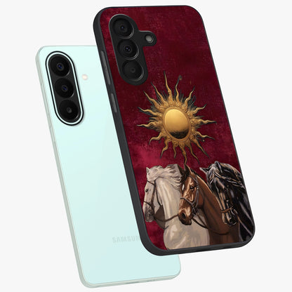 Solar Riders Glass Case displayed in angled mockup highlighting powerful rider illustration with radiant solar aesthetic.