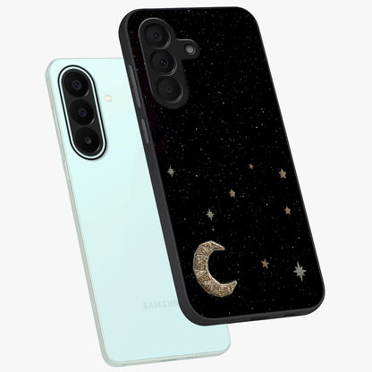 Twinkle Star With Half Moon Glass Case displayed in angled mockup highlighting celestial moon and star design with magical aesthetic.