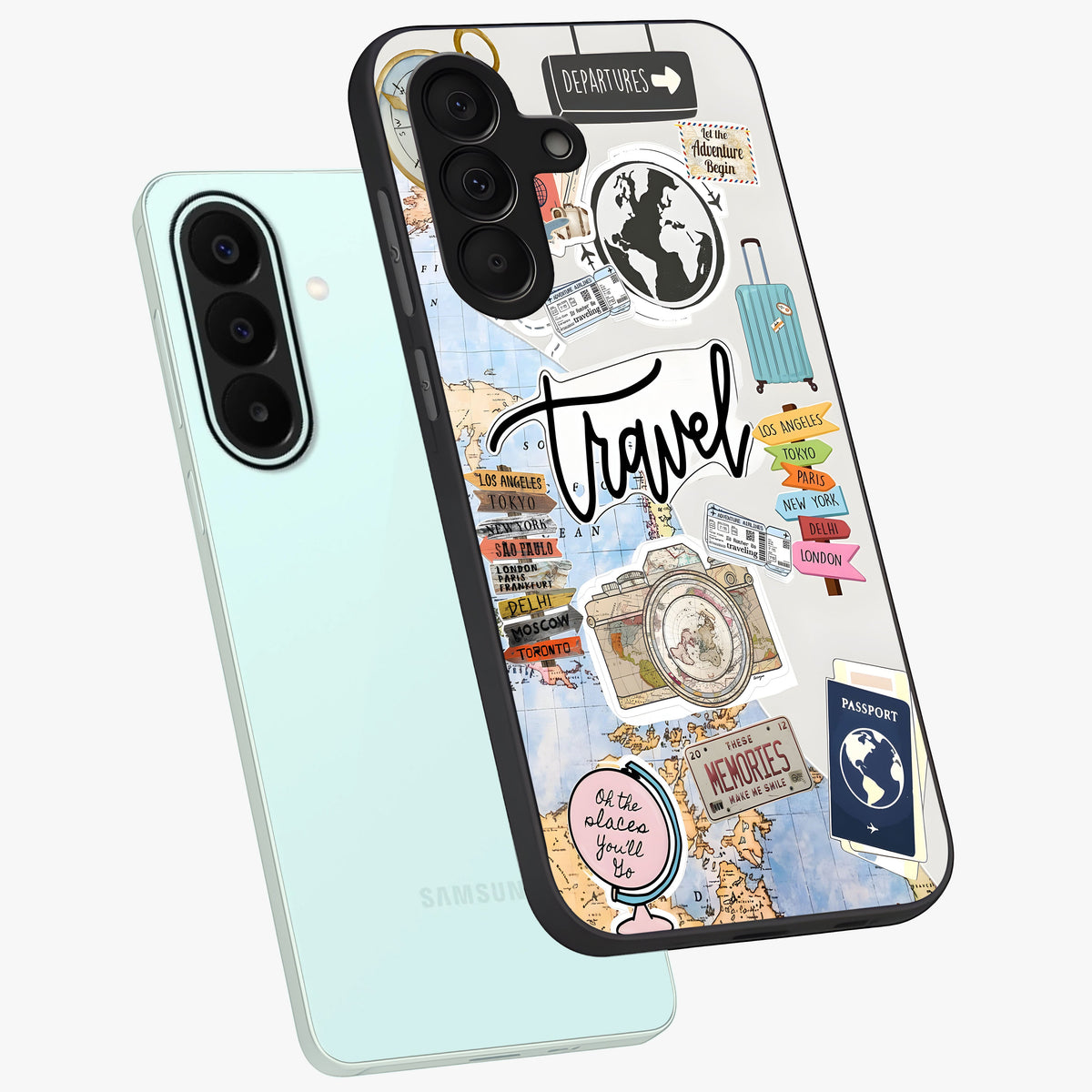 Wanderlust Journal Glass Case displayed in angled mockup highlighting adventure themed design with aesthetic travel vibe.