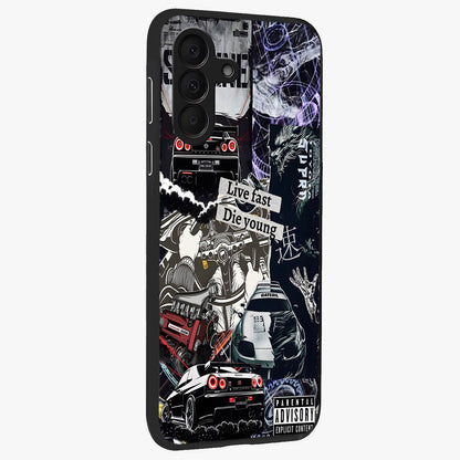 Die Young Glass Case upright view showcasing striking typography artwork with modern statement theme.