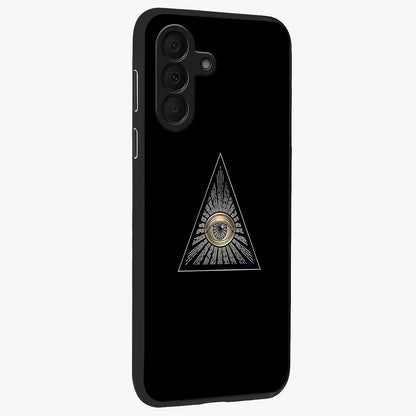 Illuminati Evil Glass Case upright view showcasing striking illuminati artwork with mysterious symbolic theme.