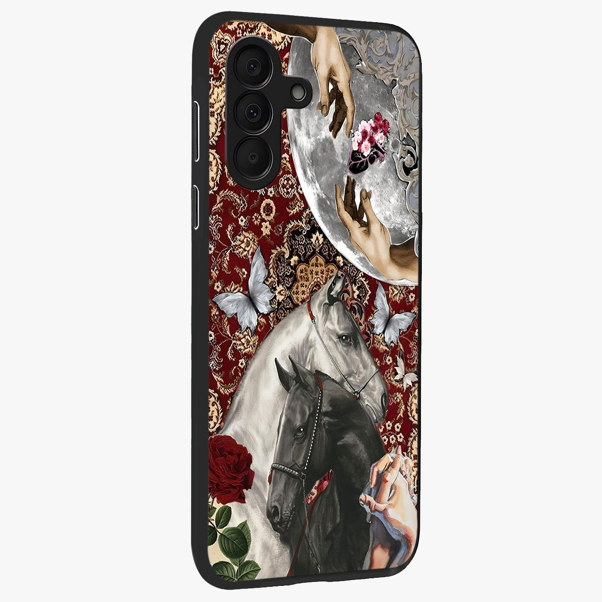 Moonlit Royal Stallion Glass Case upright view showcasing dramatic horse artwork with glowing moon themed design.