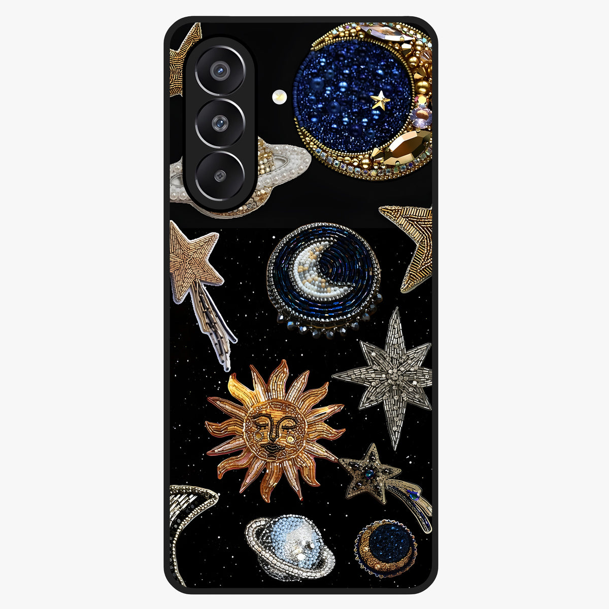 Celestial Gem Constellations Glass Case showing flat back view with sparkling constellation artwork and glossy glass finish.