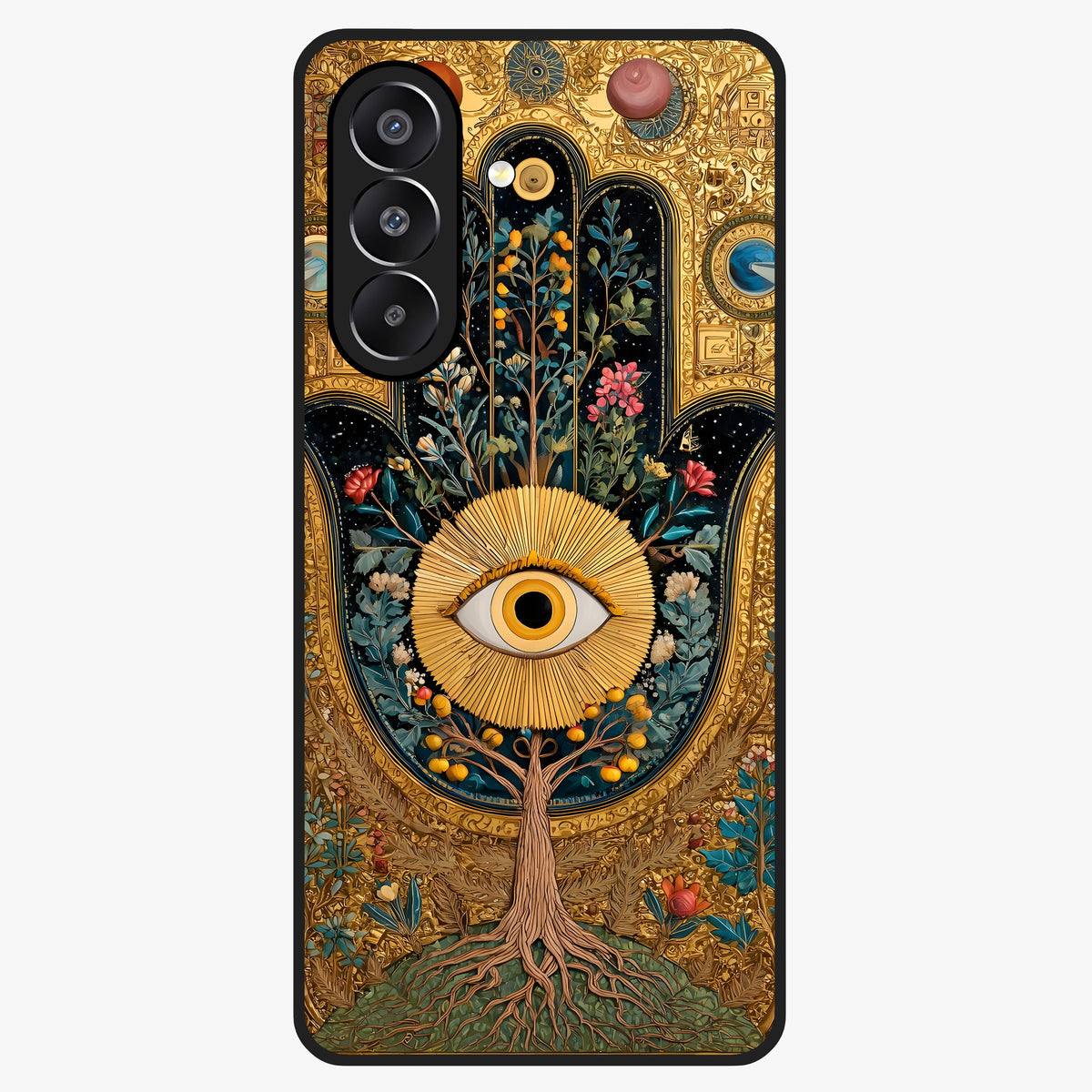 Ethereal Evil Eye Glass Case showing flat back view with mystical evil eye artwork and glossy glass finish.