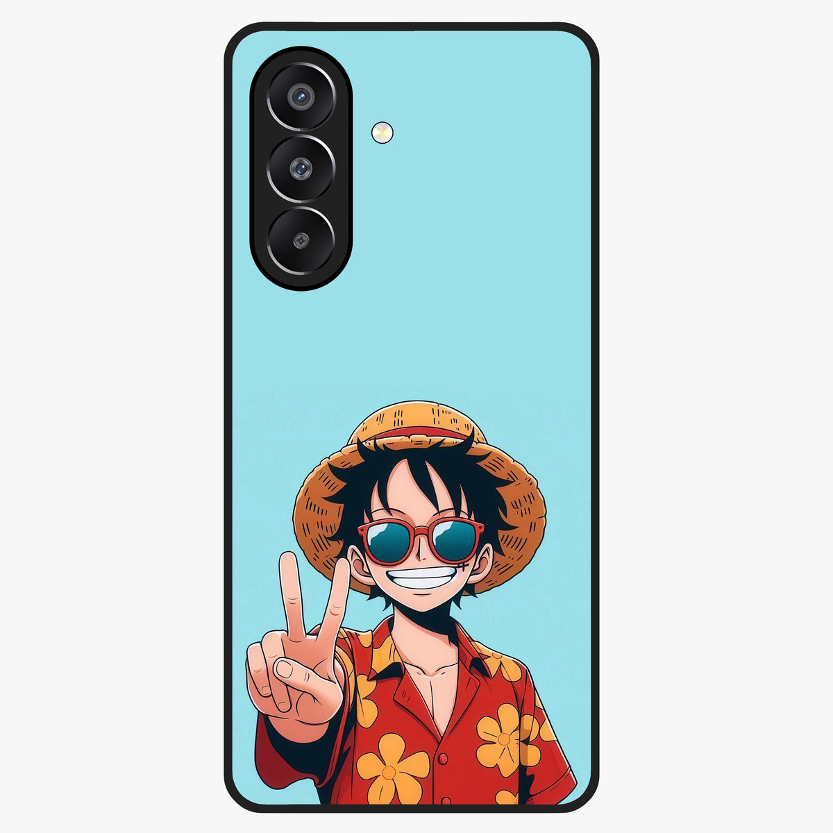 Luffy Summer Anime Vibe Glass Case showing flat back view with vibrant anime character artwork and glossy glass finish.