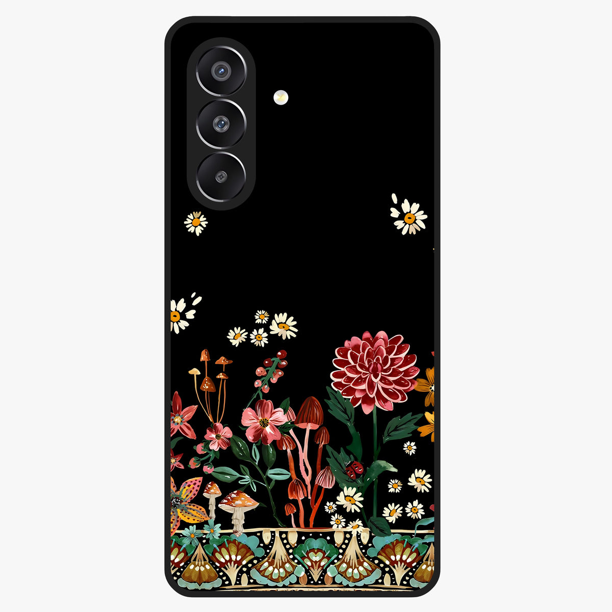 Midnight Bloom Pattern Glass Case showing flat back view with dark floral pattern artwork and glossy glass finish.