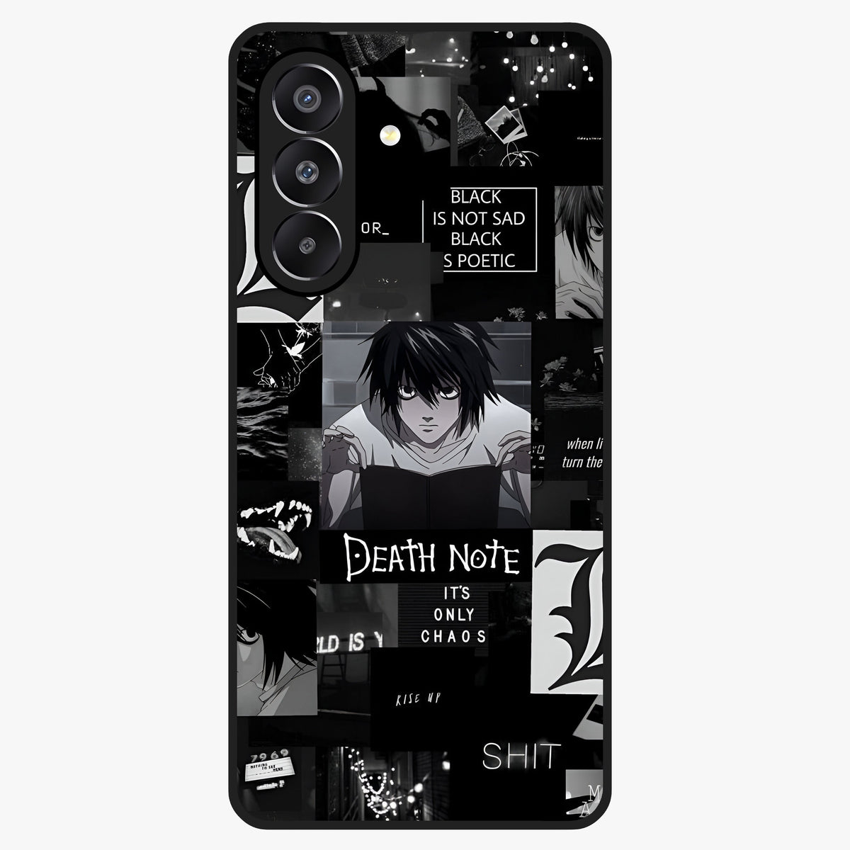 Midnight Chaos Mind Glass Case showing flat back view with abstract dark themed artwork and glossy glass finish.