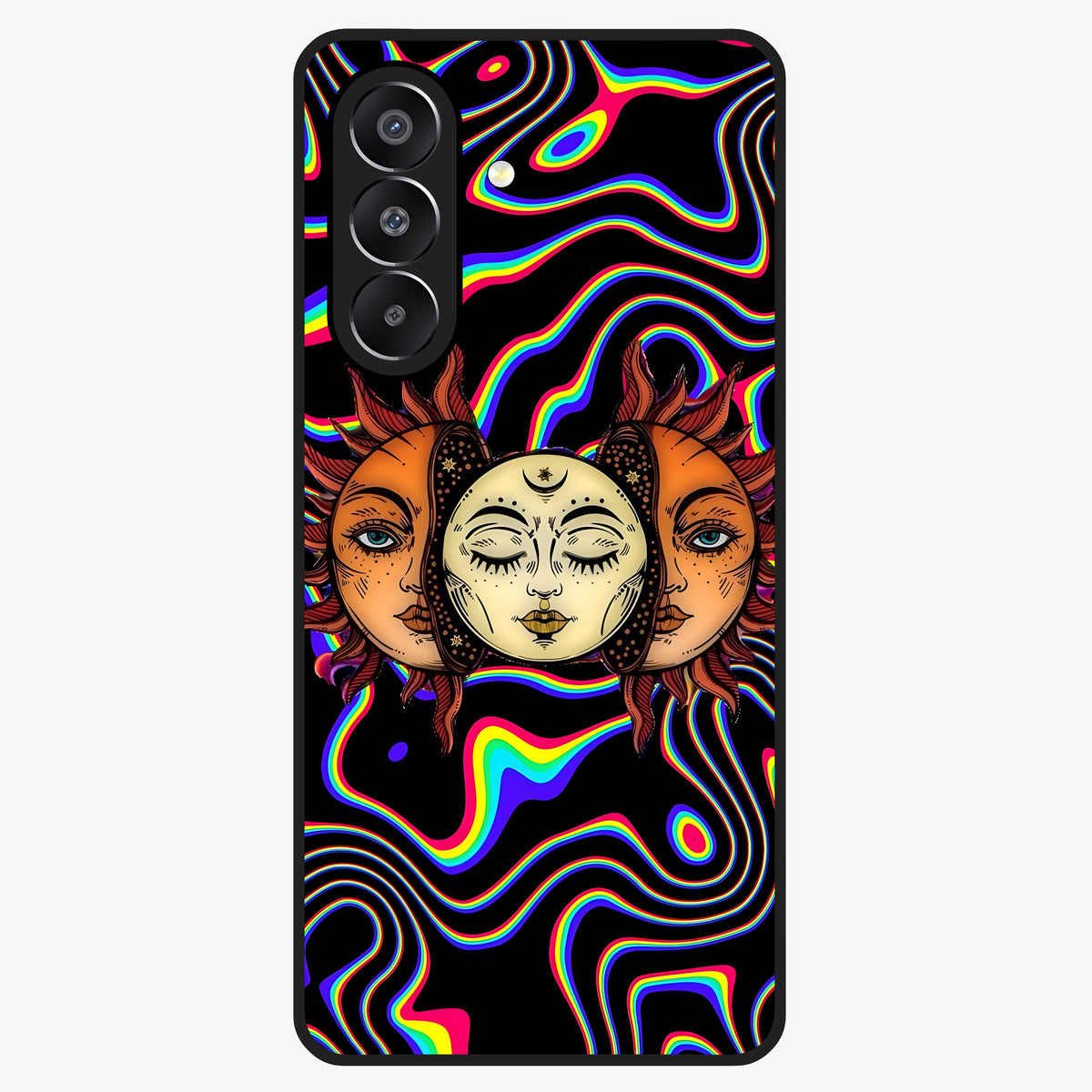 Psychedelic Sun Glass Case showing flat back view with colorful psychedelic sun artwork and glossy glass finish.