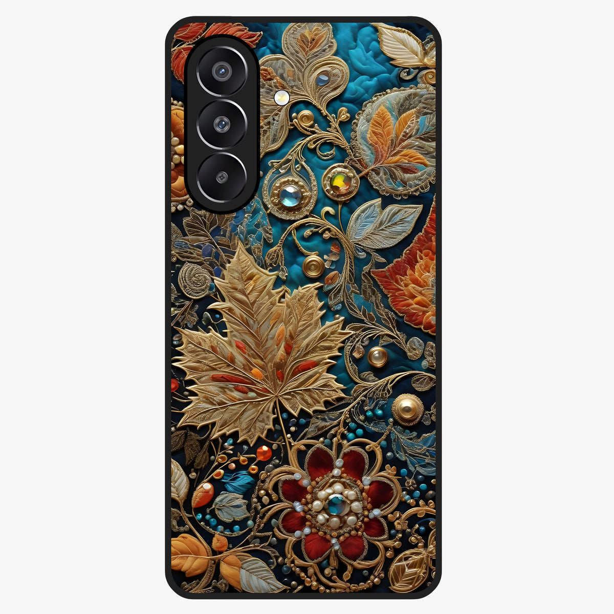 Royal Jewel Garden Glass Case showing flat back view with decorative floral garden artwork and glossy glass finish.