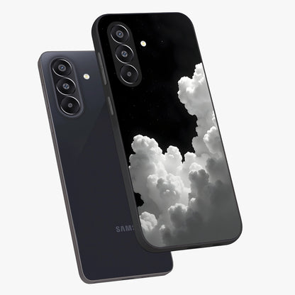 Black Background With White Cloud Glass Case displayed in angled mockup highlighting soft white cloud illustration and minimal design.