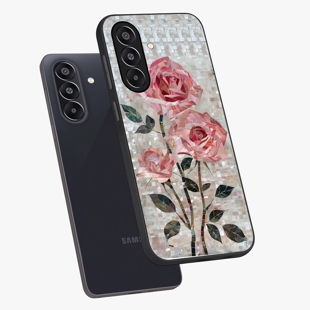 Blush Mosaic Bloom Glass Case displayed in angled mockup highlighting artistic mosaic flower pattern with aesthetic design.