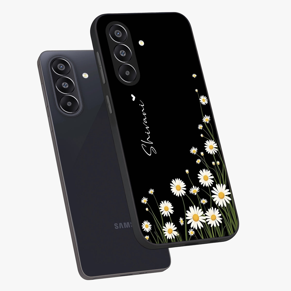Daisy Cascade Custom Name Glass Case displayed in angled mockup highlighting delicate daisy artwork with custom name feature.