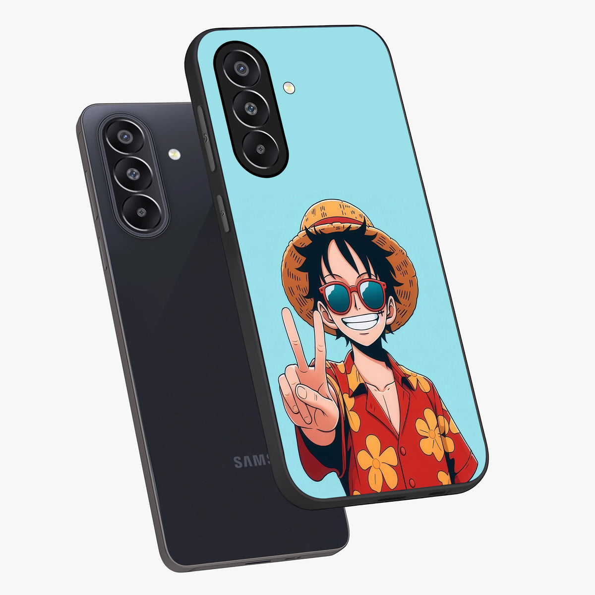 Luffy Summer Anime Vibe Glass Case displayed in angled mockup highlighting energetic anime illustration with summer vibe aesthetic.