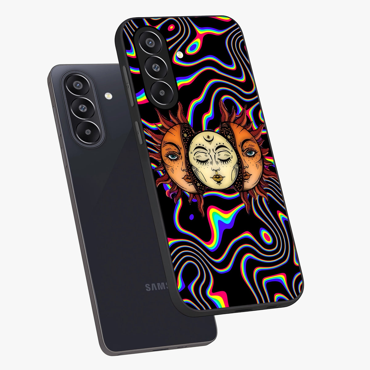 Psychedelic Sun Glass Case displayed in angled mockup highlighting vibrant abstract sun design with artistic aesthetic style.
