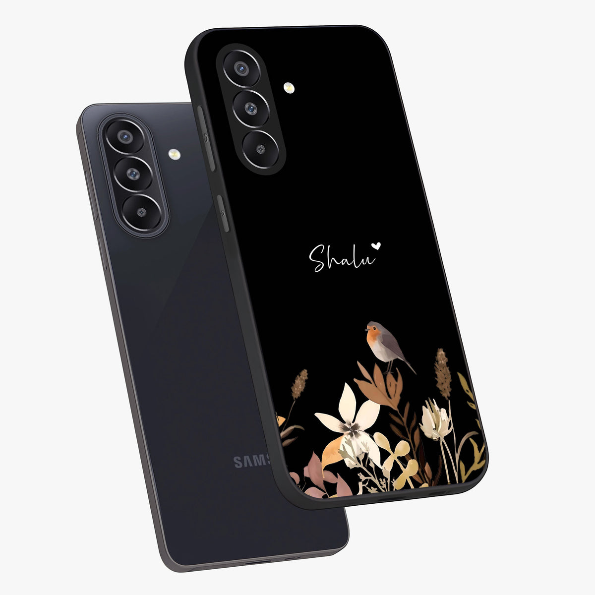 Quiet Garden Tune Custom Name Glass Case displayed in angled mockup highlighting delicate floral garden design with custom name feature.