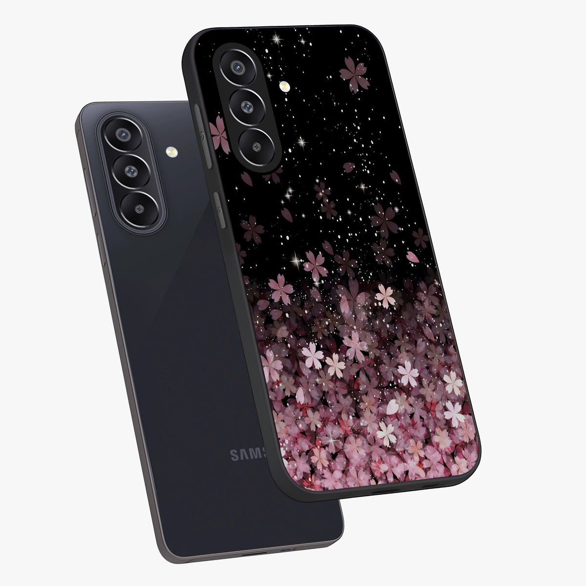 Small Starry Flowers Glass Case displayed in angled mockup highlighting tiny flower pattern with celestial aesthetic style.