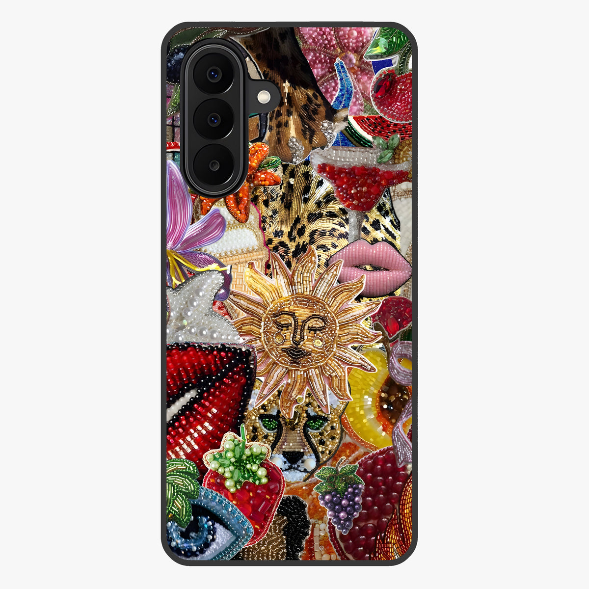 Beaded Fashion Jungle Glass Case showing flat back view with vibrant jungle inspired bead artwork and glossy glass finish.