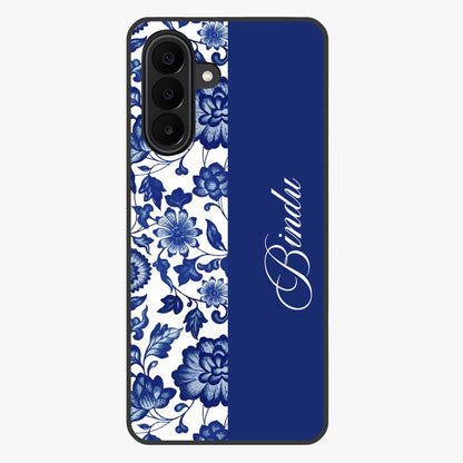 Blue Vintage Floral Pattern Glass Case upright view showcasing timeless floral illustration with vintage inspired style.